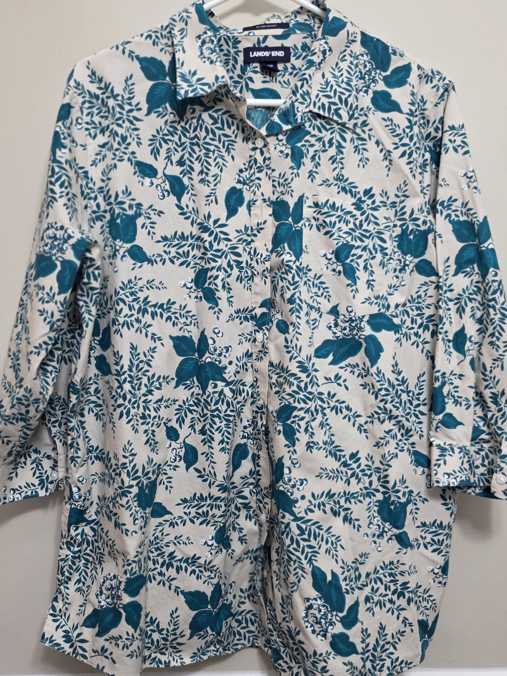 Lands' End Teal Leaf Print Button-Up Shirt Ladies Size 18P